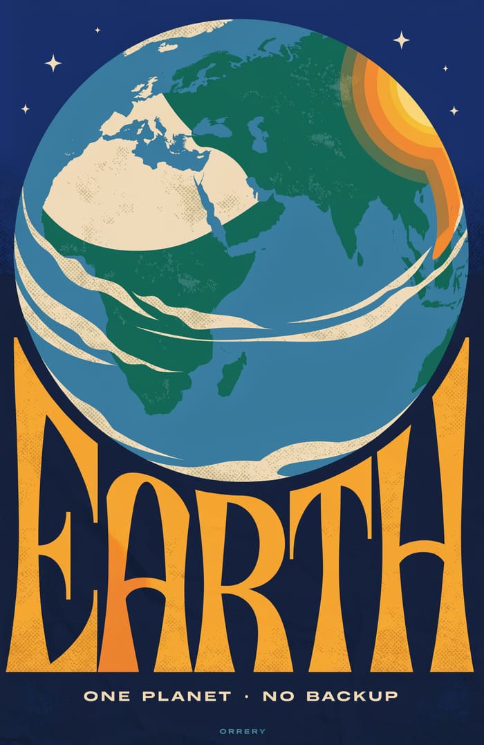Earth — One planet · no backup. Orrery art poster.