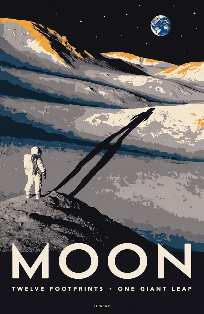 Moon — Twelve footprints · one giant leap. Orrery art poster.